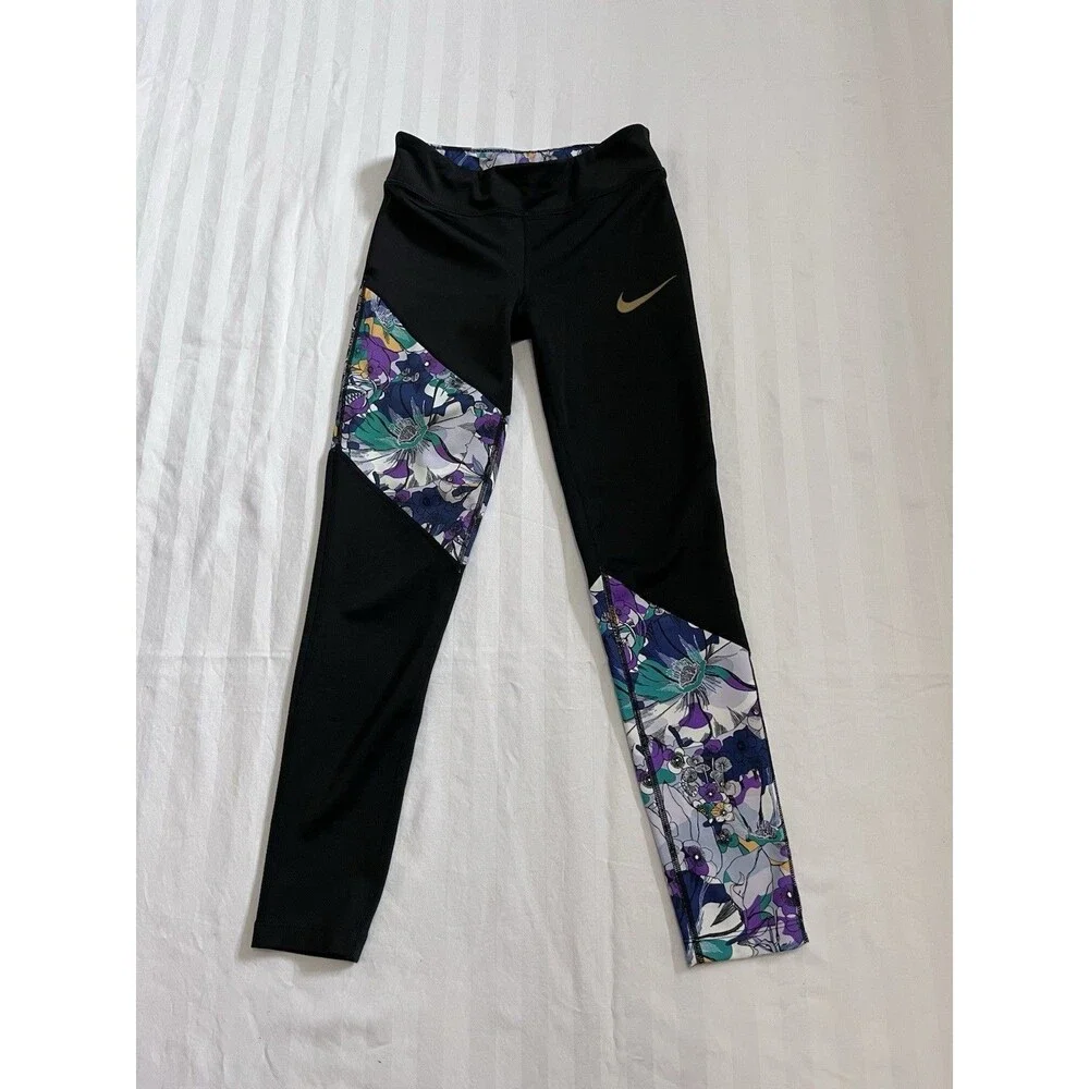 Nike Pro One Girls Youth Medium Floral Leggings Black Purple DC7090-010